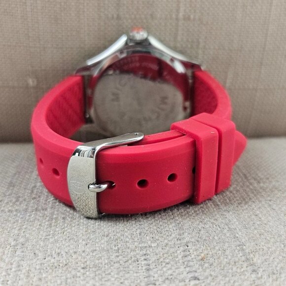 Michele Ladies Wristwatch Red Rubber Strap Analog Quartz 11 GEM Stones Watch - Picture 7 of 12